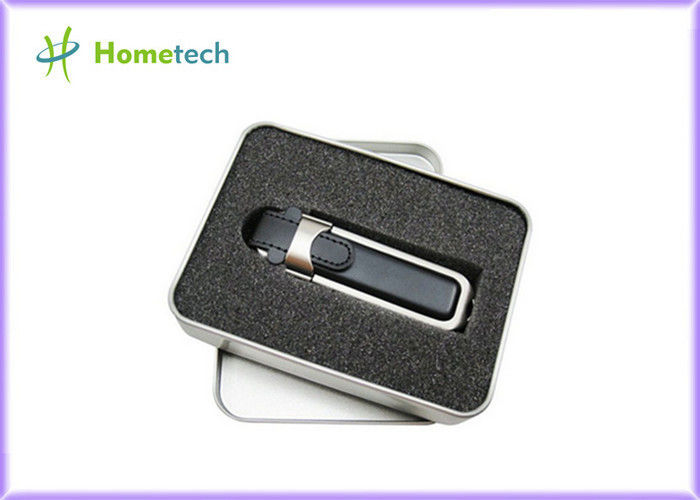 Impressão feita sob encomenda de couro preta do disco instantâneo de USB, movimentação da pena do usb 2,0 da novidade com caixa da lata