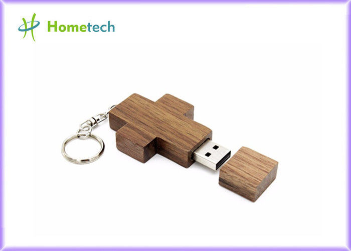 Movimentação de madeira 2GB do flash de USB da colar transversal com logotipo da gravura do laser da porta-chaves